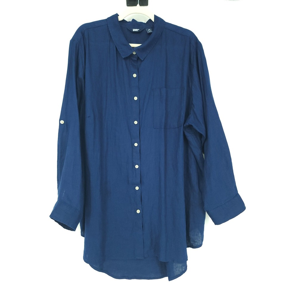 Lands End 100% Linen Button Up Shirt Women 2X Blue Roll Tab Tunic Classic Preppy